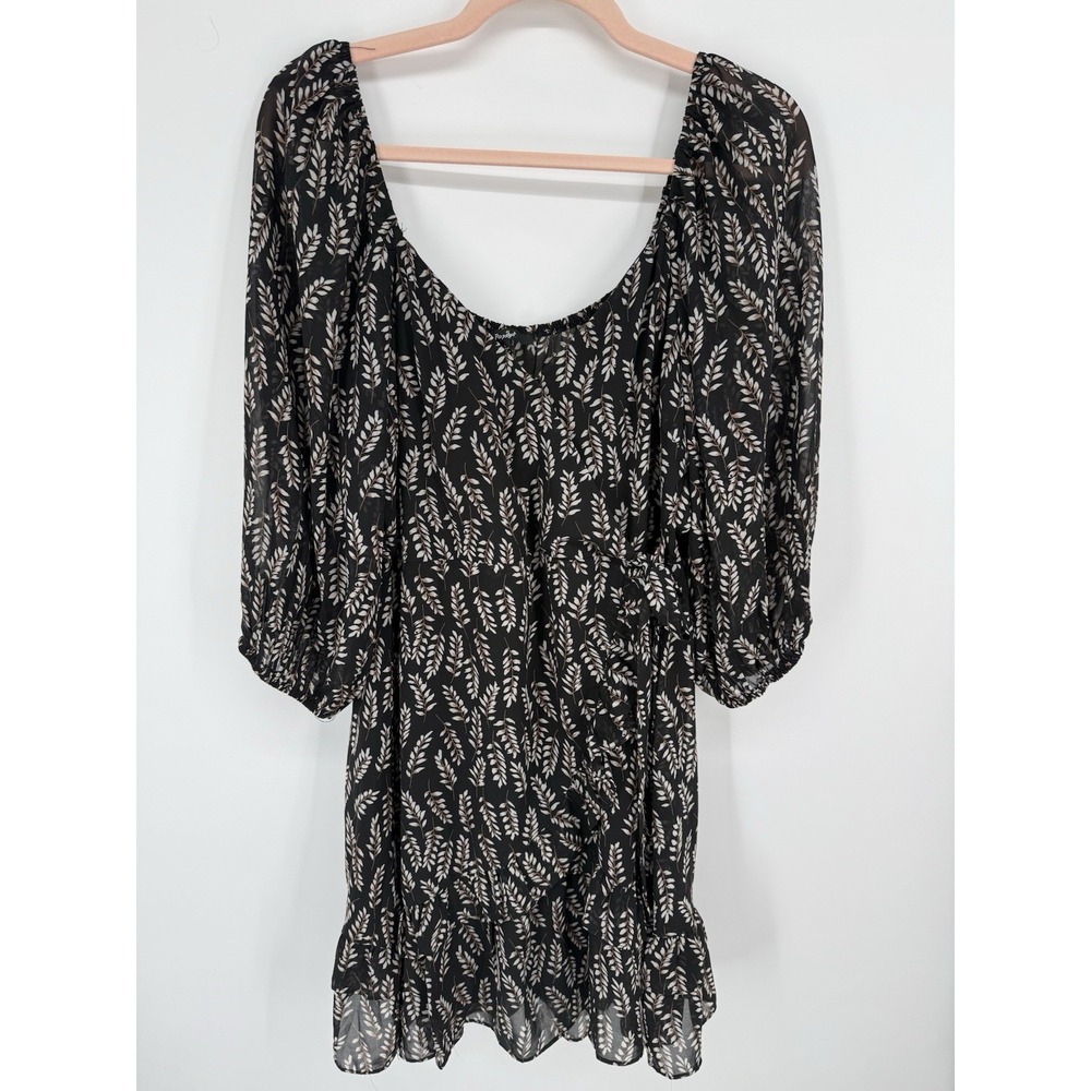 Papaya Boho Chiffon Long Sleeve Mini Dress‎ Black White Leaf Print Ruffle Hem L